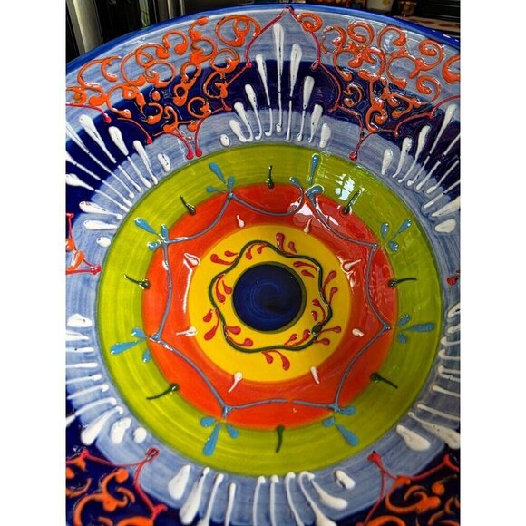 Hand-Painted Ceramic Bowl From Spain With Vibrant Blue Orange & Yellow Patterns - Picture 11 of 16